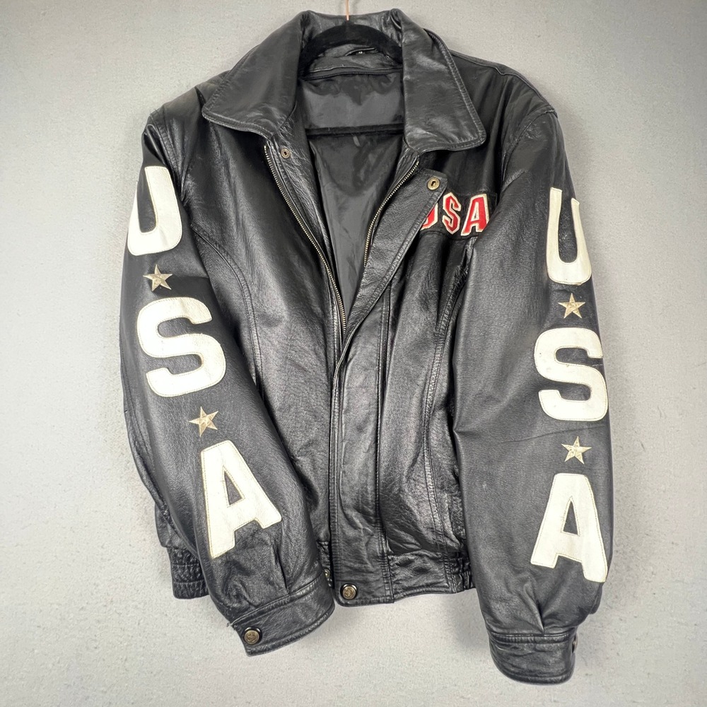 Leather Bomber Jacket Mens L Black USA Eagle Patriotic Biker Vintage Rocker - Picture 11 of 16